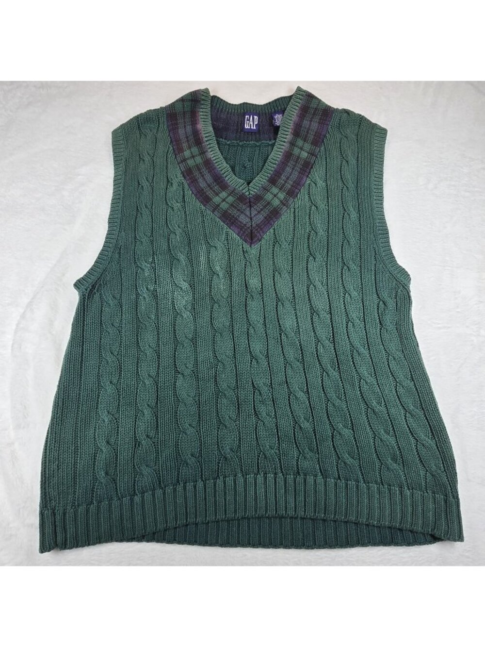 VTG GAP Black Watch Plaid Green Cable Knit V Neck Tennis Sweater Preppy Golf XL